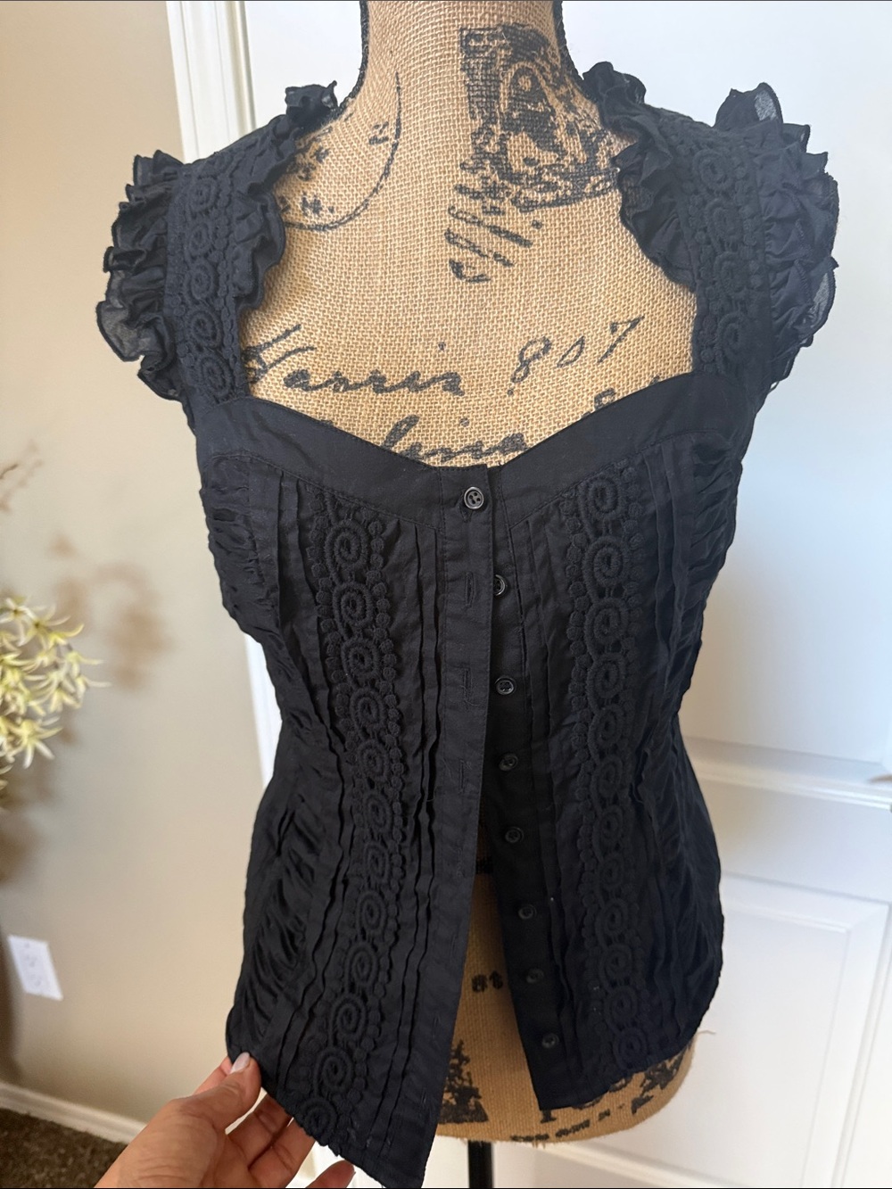 Zara Black Lace-Panel Button Down Women's Top